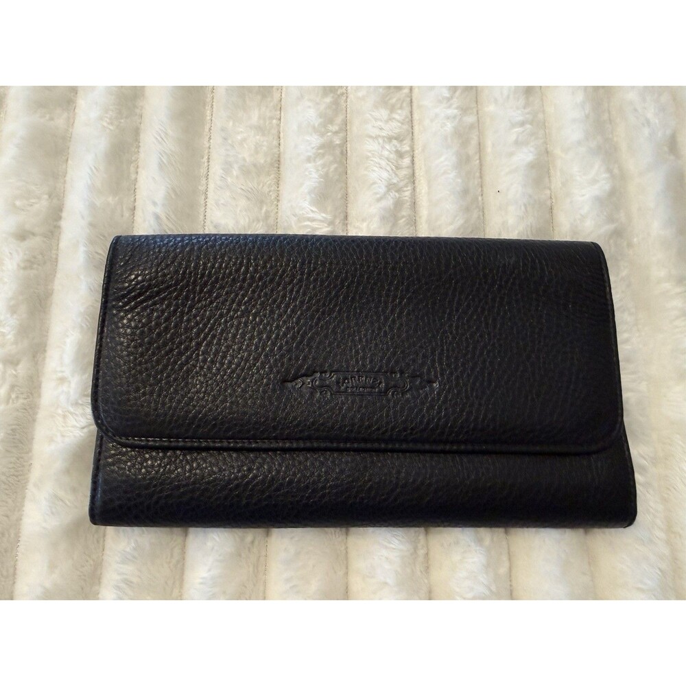 Lorenzi Collection Black Pebbled Leather Wallet Tri Fold Button Closure